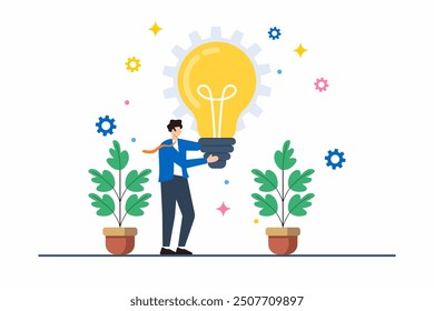 Flat illustration of person holding giant lightbulb symbolizing innovative idea and creative thinking