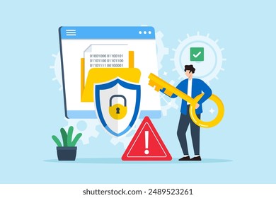 Flat illustration of person holding key to decrypting encoded data information security