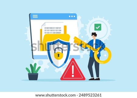 Flat illustration of person holding key to decrypting encoded data information security