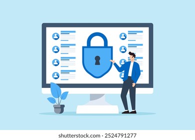 Ilustración plana de la persona que monitorea la pantalla Grande de los flujos de datos mientras previene las fugas de datos utilizando algoritmos avanzados de ciberseguridad