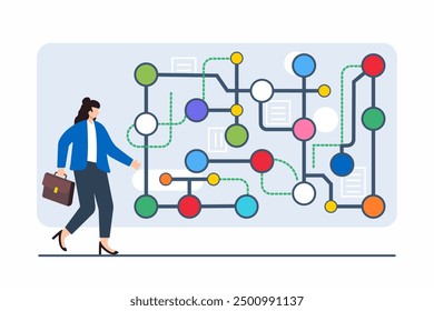 Flat illustration of person moving through series of interconnected paths each colors representing different career opportunity