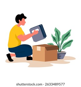 Flat illustration of a person packing a box with a plant, holding a clipboard. Great for UI kits, packing services, inventory management, or moving preparations. Conveys attention to detail in logisti