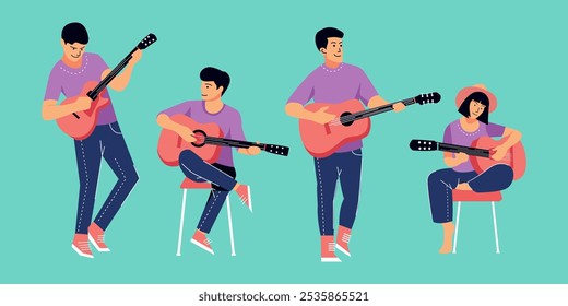 flat illustration of a person playing guitar happily