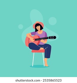 flat illustration of a person playing guitar happily