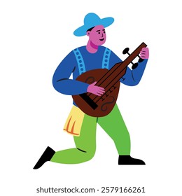 Flat illustration of a person playing hurdy gurdy