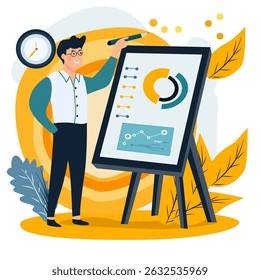 Ilustración plana de una persona apuntando a un objetivo para su misión y éxito.