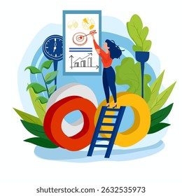 Ilustração plana de uma pessoa apontando para um alvo para sua missão e sucesso.