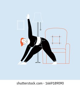 Ilustración plana de una persona que practica yoga en casa