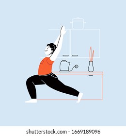 Flat illustration of a person practicing yoga at home