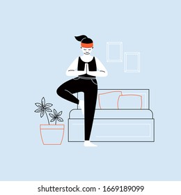 Ilustración plana de una persona que practica yoga en casa