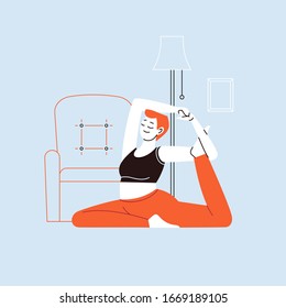 Ilustración plana de una persona que practica yoga en casa