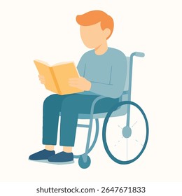Flat Illustration of Person Reading Book in Wheelchair on White Background