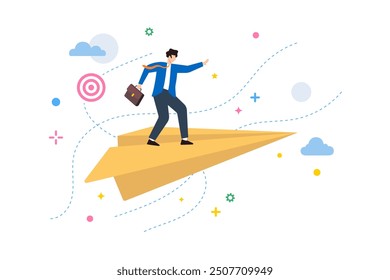 Flat illustration of person riding paper airplane, symbolizing flexible thinking and adaptive strategies