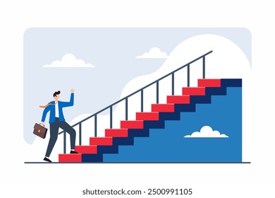 Flat illustration of person setting foot on staircase each step representing different career growth opportunity