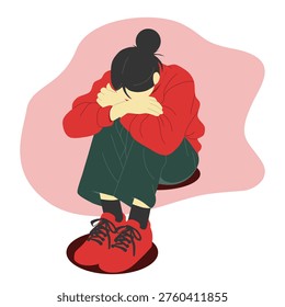 Flat illustration of a person sitting curled up with face hidden, representing severe anxiety, depression, burnout, emotional breakdown, and mental health struggles.