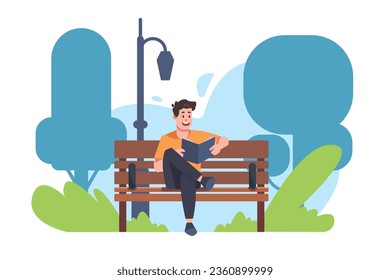 flat illustration of a person sitting on a park bench while reading a book, flat design illustration of nature