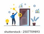 Flat illustration of person unlocking growth potential with giant key and open door