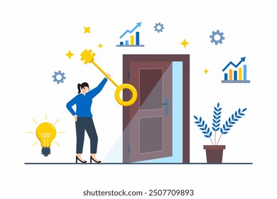 Flat illustration of person unlocking growth potential with giant key and open door