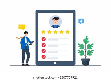 Flat illustration of person using digital tablet to review customer feedback and satisfaction ratings