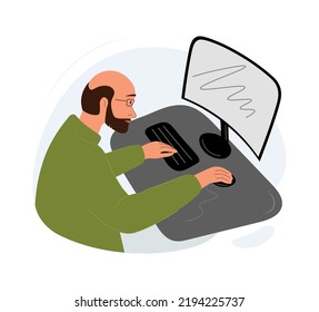 Flat illustration of a person working from home. The hipster sits at a table and uses a computer. An elderly bald man adapts to new technologies and the Internet. Vector isolated.