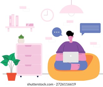 Ilustración plana de una persona que trabaja de forma remota con burbujas de computadora portátil y chat, perfecto para la comunicación en línea, el trabajo remoto y temas de conexión digital.