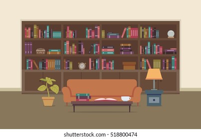 Flat Illustration of a Personal Library Featuring a Large Bookshelf with a Large Collection of Books
