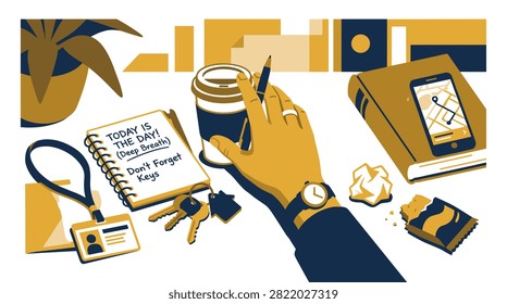 Flat illustration of a person's desk prepared for a big day. Includes coffee, keys, ID badge, smartphone with map, and a motivational note. Ideal for career, lifestyle, or moving themes.
