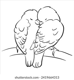 Flat illustration of a pet parrot, illustration with stroke and fill. The parrot is talking. A couple of parrots in love.