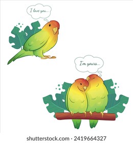 Flache Illustration eines Papagei, Illustration mit Schlaganfall und Füllung. Der Papagei redet. Ein paar Papageien verliebt.