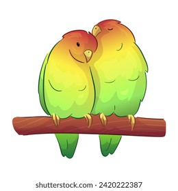 Flat illustration of a pet parrot, illustration with stroke and fill. The parrot is talking. A couple of parrots in love.