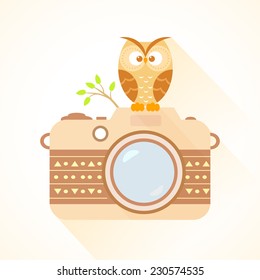 flat illustration photo camera with funny and cute owl