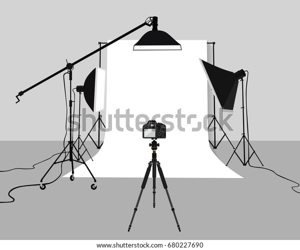 フラットイラスト写真スタジオのベクター画像 ソフトボックスライト カメラ 三脚 背景にフォトスタジオ背景 のベクター画像素材 ロイヤリティフリー