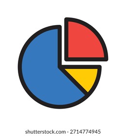 Ilustración plana de un gráfico circular con segmentos azules, rojos, amarillos y blancos, perfecto para análisis de datos visuales, infografías comerciales y presentaciones estadísticas.