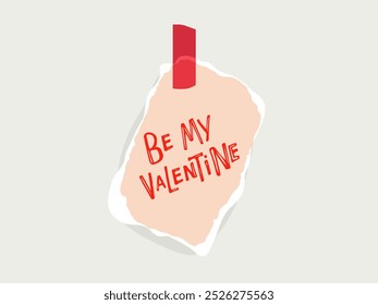 Flat illustration piece of paper with handwritten phrase I Love You, attached with bright red tape for expressing love. For greeting cards, social media, romantic messages. Vector Hand lettering.