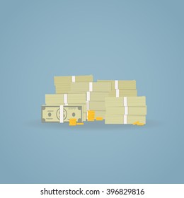 Flat illustration of pile of green dollars. Gold coins and paper dollars stacked.