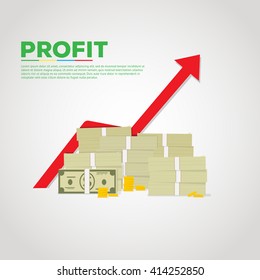 Flat illustration of pile of green dollars and gold coins. Red graph arrow rising on backgroung.