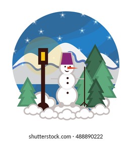 Flat illustration of pine forest, snowman, mountains, streetlight, starry sky, front view