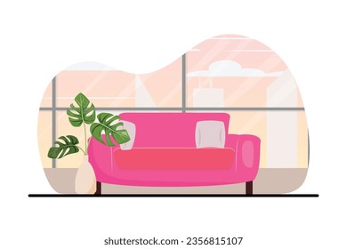 Flat illustration of a pink couch and monstera next to it, window on the background with a view on high buildings.
