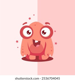 Flat illustration of pink cute monster cartoon with big eyes and short legs smiling happily 