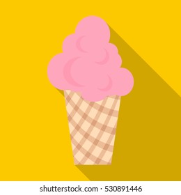 Flat illustration of pink ice cream in waffle cup vector icon for web isolated on yellow background