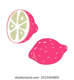 A flat illustration of a pink lemon whole and cut in half. A whole lemon is depicted in an oval shape with yellow lines. A cut lemon is depicted as one half with visible seeds and yellow flesh.