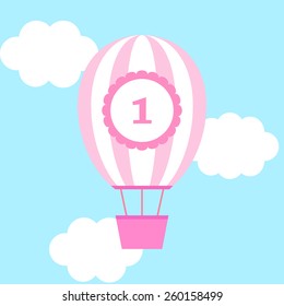 Flat illustration of pink striped hot air-balloon with basket in the sky with white clouds. Elements for design. Birthday card for girl with flower frame.