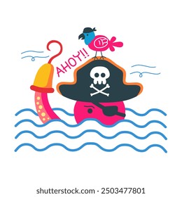 flat illustration of pirate octopus and bird.pirate slogan "AHOY".hand drawn on white background