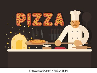 Flat illustration with pizza and baker