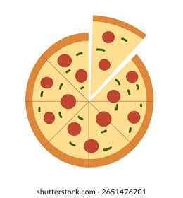 Flat illustration of a pizza. Hand-drawn cheesy slices with pepperoni toppings. Fun, tasty food in doodle style, isolated on white. Vector for fast food, menu