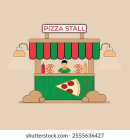 Flat illustration pizza stall ,Flat carton style outdoor pizza kiosk, Pizza Hut Illustration for online advertising,Pizza Shop Red Product Businese