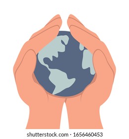 Flat illustration of planet earth in human hands. Vector object isolated on white background.