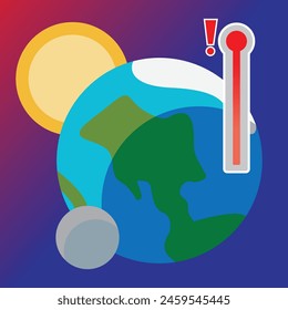 Ilustración plana del planeta Tierra, la luna y el sol con un termómetro que representa el calentamiento global