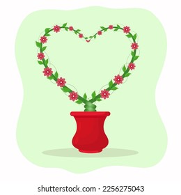 Flat illustration of a plant with flowers. Valentine's day vector illustration with a love concept. Cute pink and red decor of a heart with flowers