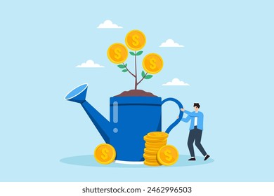 Flat illustration of plant man holding watering can growing coins investments nurturing savings and wealth potential